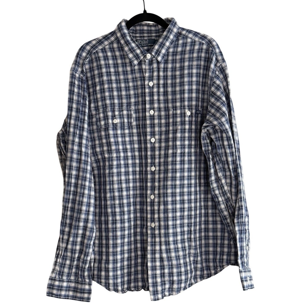 Polo Ralph Lauren Men XXL Blue Plaid Button Front Shirt Cotton Long Sleeve Dad